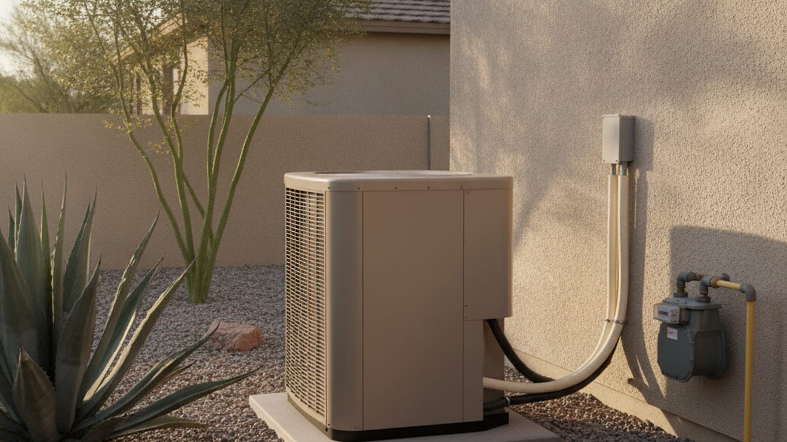 Un medidor de gas y una unidad exterior de bomba de calor junto a una pared de estuco de una casa de Tucson con plantas de agave en el jardín