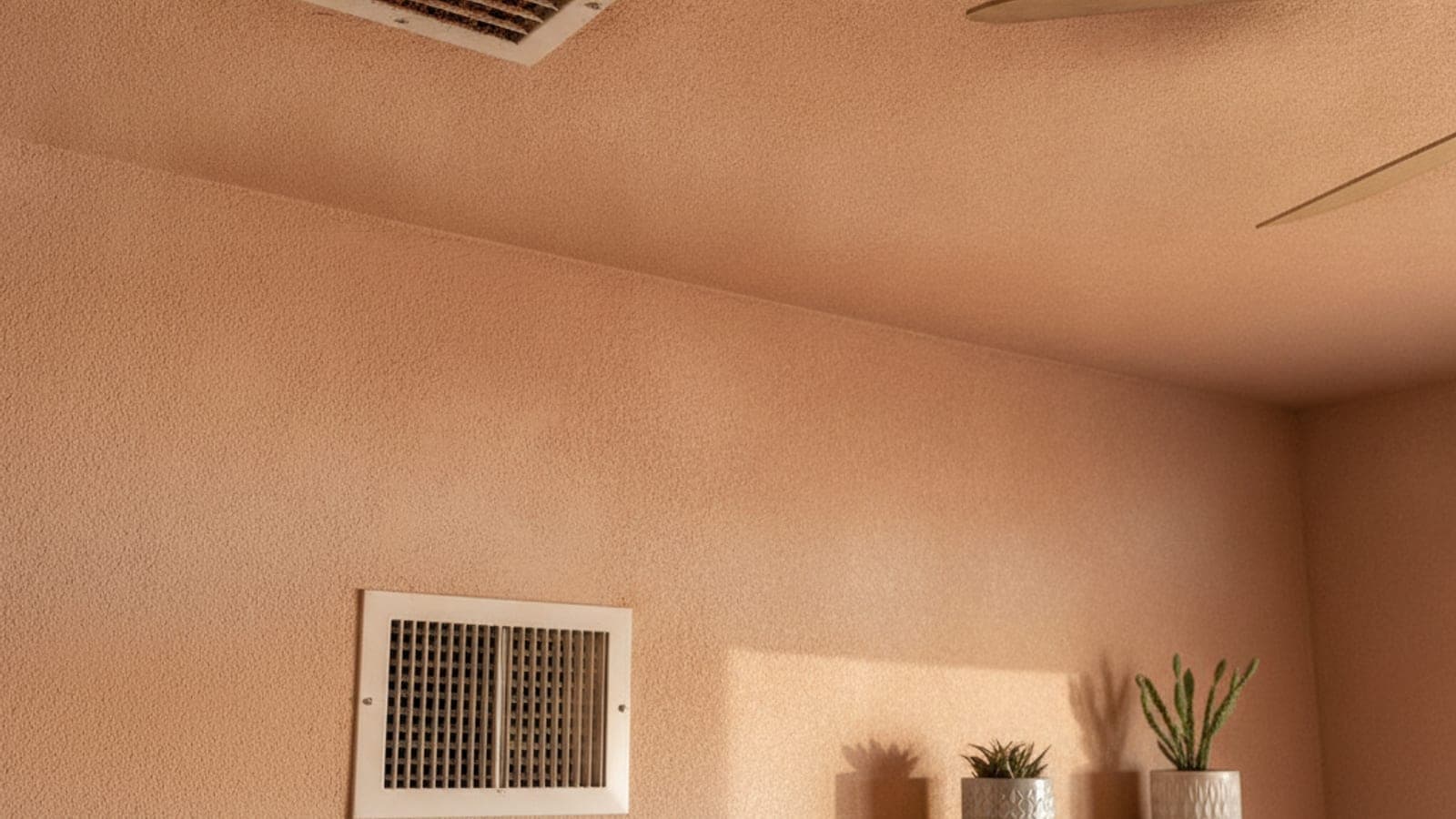 Rejilla de retorno de aire abierta y una tapa de ventila con polvo en la pared de una casa de Tucson, luz suave del desierto, sin personas