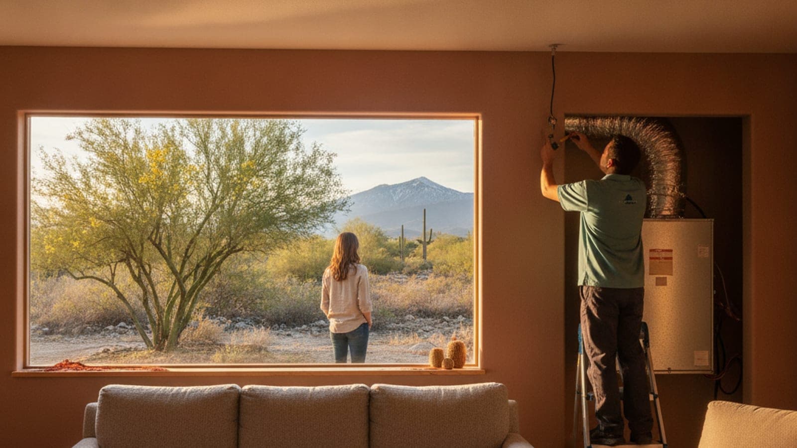 Interior de una casa de estuco en Tucson con una rejilla brillante en el techo y un alféizar con polvo bajo la luz del desierto