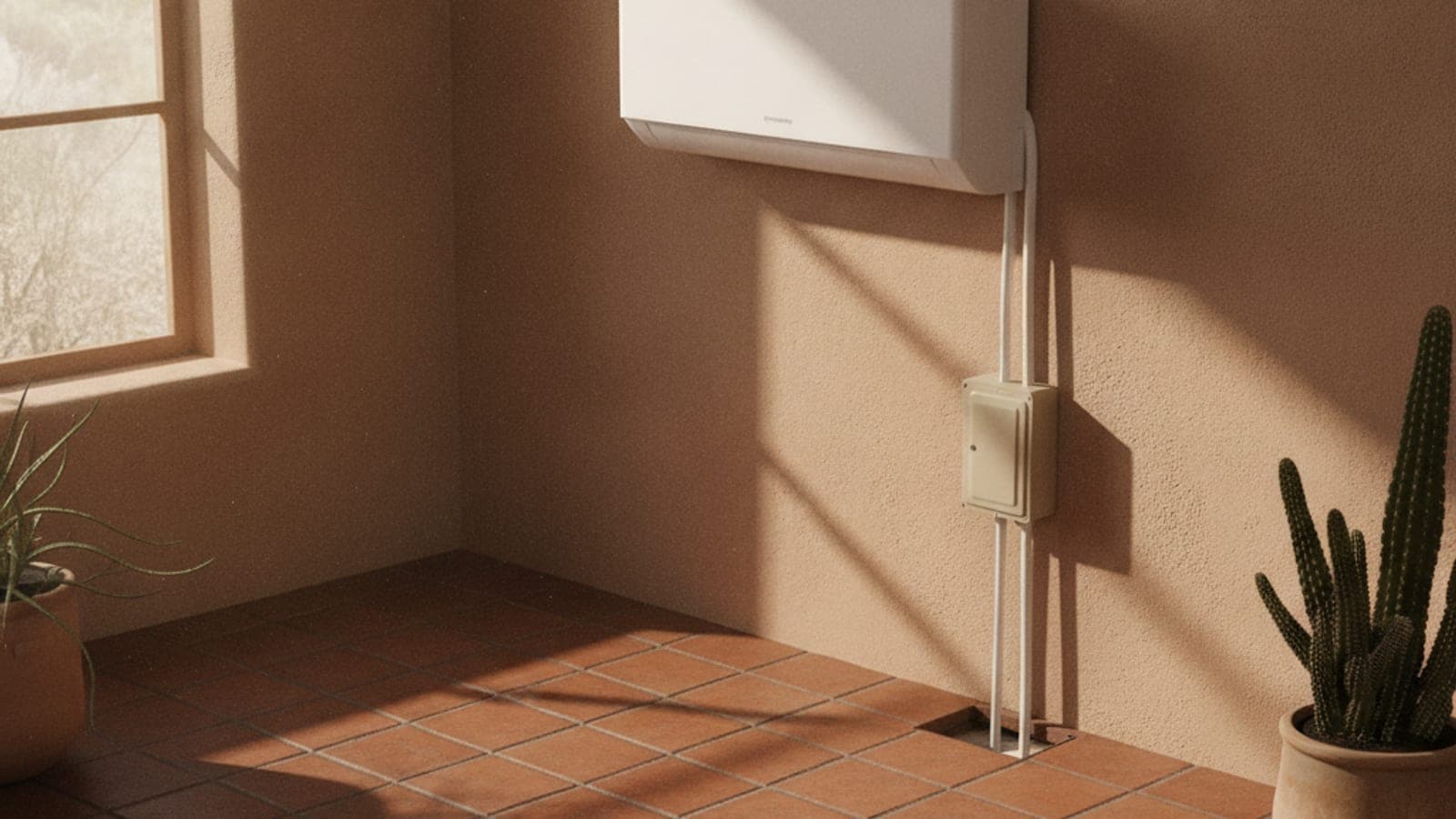 Unidad interior de pared de un minisplit sin ductos en una sala luminosa de Tucson con piso de loseta de estilo del suroeste