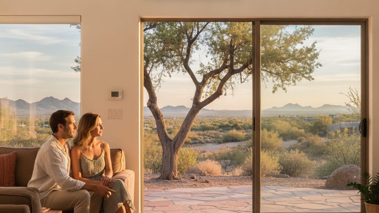Unidad interior de minisplit de pared en una sala luminosa de Tucson con vista a un patio y un árbol de mezquite