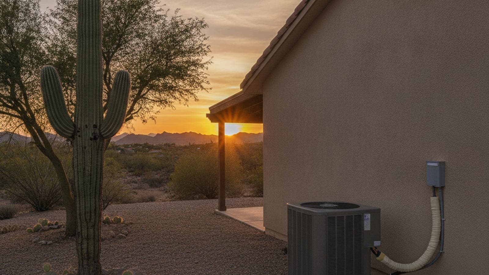 Casa de estuco de un piso en Tucson al anochecer con un condensador de aire acondicionado en el suelo y un saguaro en el jardín del frente