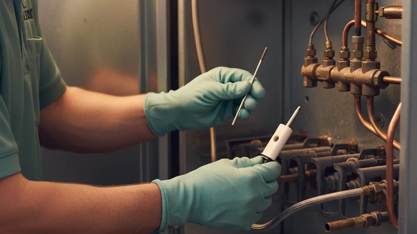 Las manos con guantes de un técnico sostienen un encendedor junto a los quemadores de un calentador de gas abierto