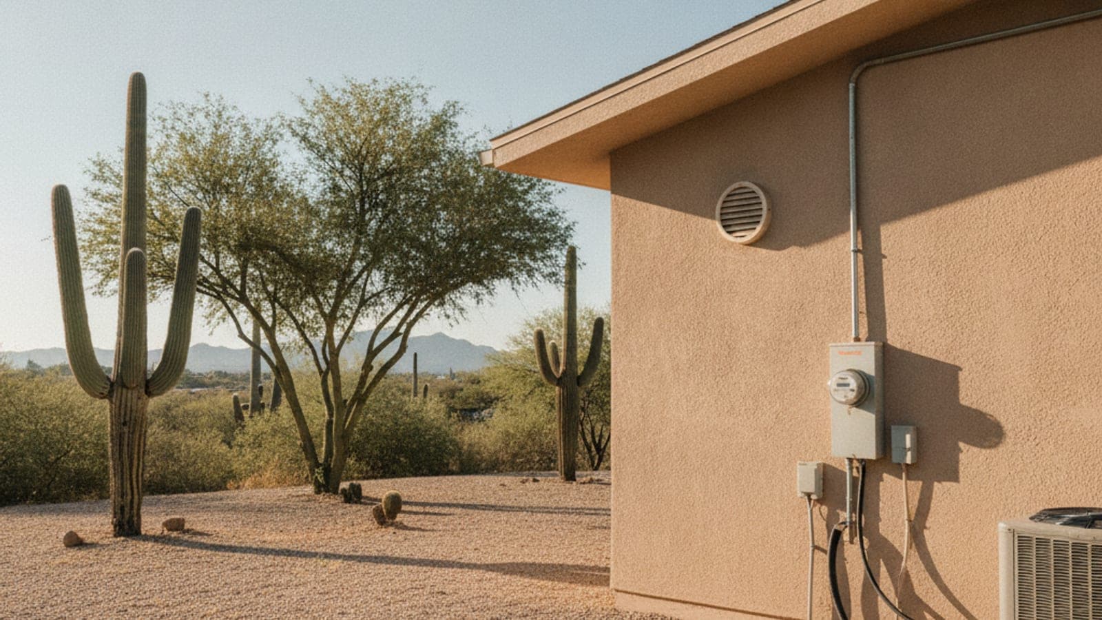 Casa de estuco bien sellada con una toma de ventilación de bajo perfil en una pared sombreada, con un saguaro y un palo verde en el jardín bajo la luz clara de una mañana de desierto