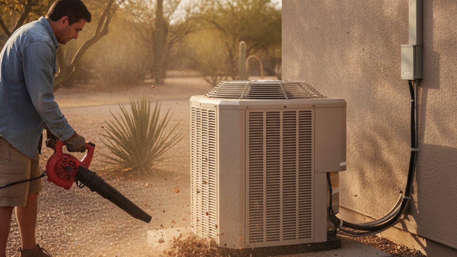 Dueño de casa quitando hojas y polvo alrededor de una unidad de aire acondicionado en un patio de Tucson con luz suave de otoño y un palo verde