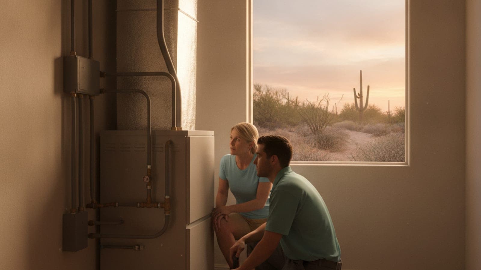 Clóset del calentador de gas en una casa de Tucson con el panel de acceso cerrado y luz suave del atardecer por una ventana cercana
