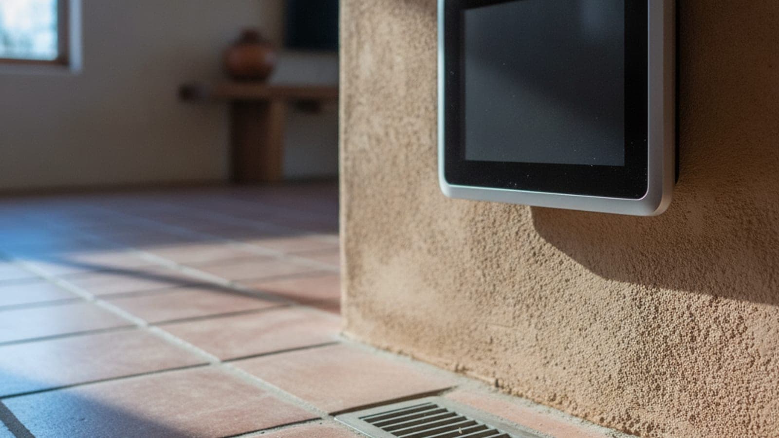 Termostato de pared y una rejilla de piso en una casa de Tucson en una mañana fresca del desierto