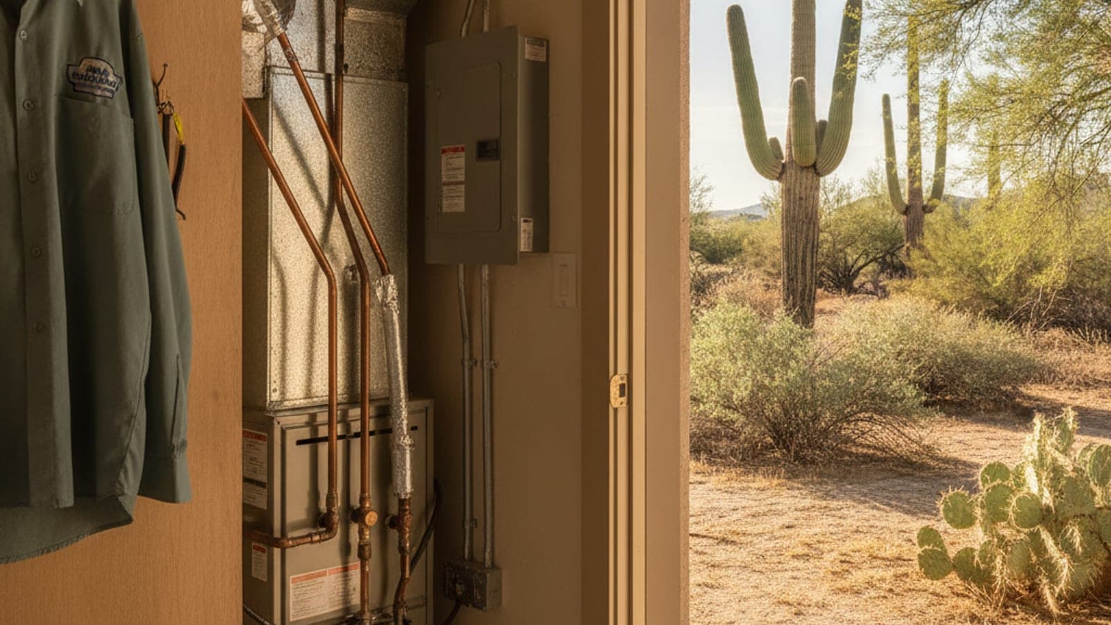 Clóset de servicio de una casa de Tucson con un calentador de gas y ductos, luz brillante del desierto por una puerta abierta y un saguaro afuera