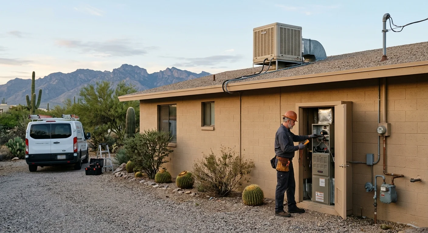 Tucson ranch home at dawn with the Catalina Mountains and a closed swamp cooler on the roof