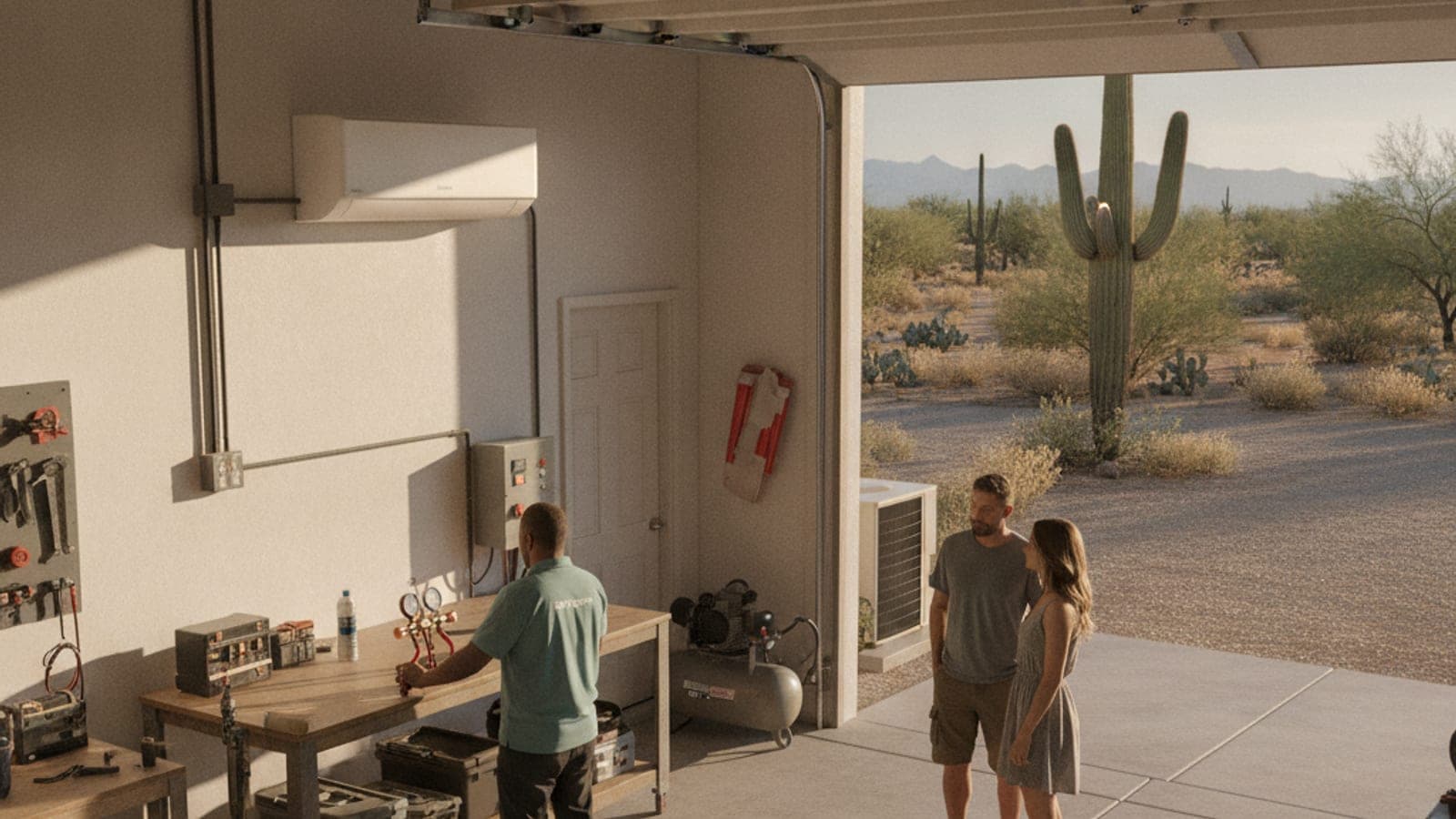 Taller en un garaje abierto en Tucson con un minisplit en la pared y una entrada de carros soleada con un saguaro a la vista