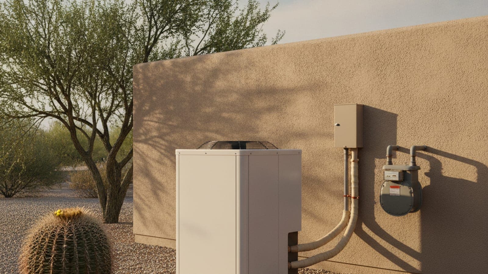 Condensador nuevo de bomba de calor sobre una base junto a una casa de estuco, con el medidor de gas viejo a la vista en la pared y jardín de desierto