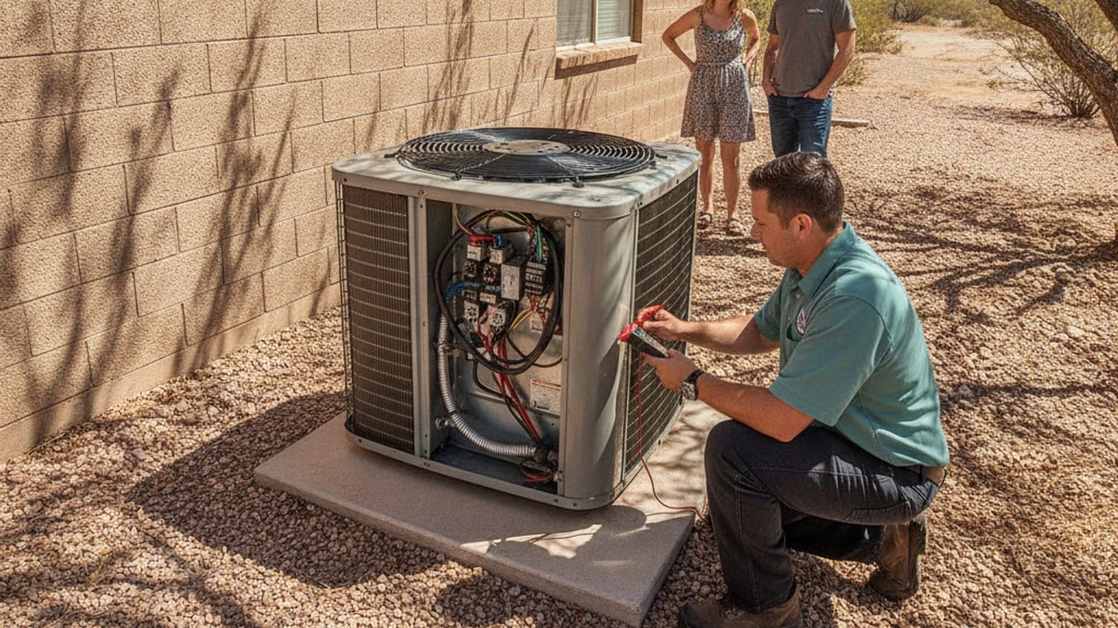 Condensador exterior de AC abierto que muestra el compartimiento eléctrico en un patio de grava junto a una casa de bloque en Tucson