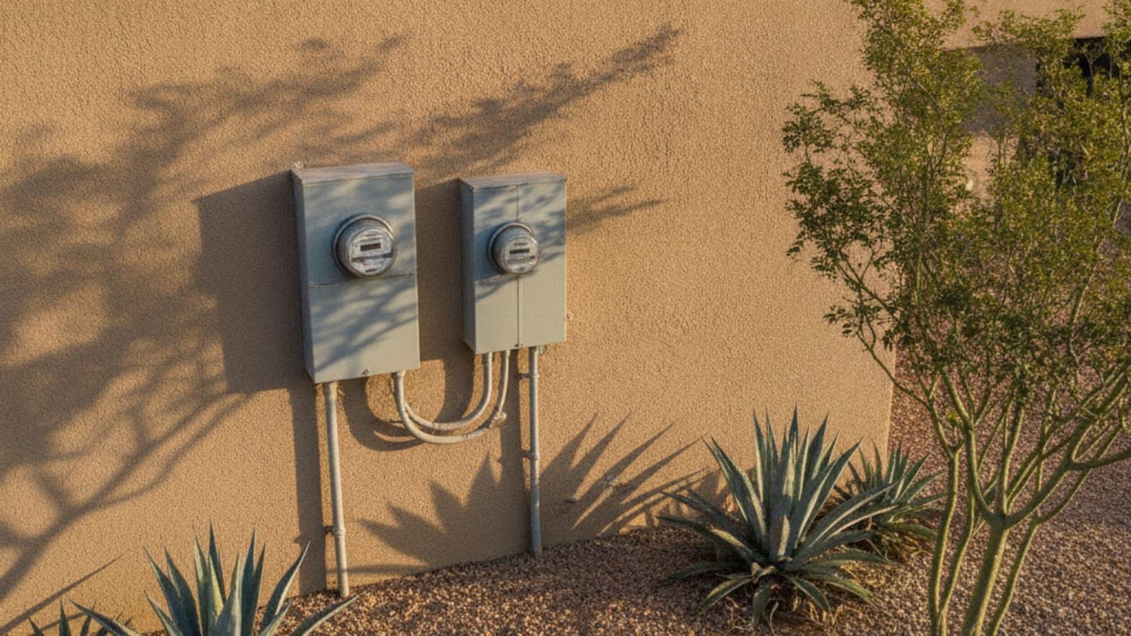 Medidor eléctrico exterior y panel de servicio en la pared de estuco de una casa de Tucson con un jardín de desierto bajo luz cálida