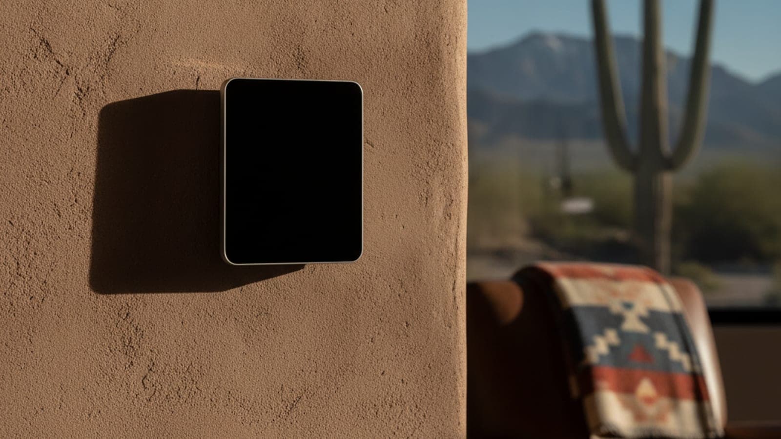 Un termostato con la pantalla apagada en una pared de yeso junto a una ventana con un saguaro y montañas afuera
