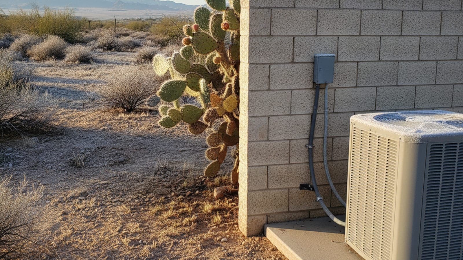 Bomba de calor exterior con una capa ligera de escarcha en una mañana fría y despejada de Tucson, junto a un muro de bloques y un nopal