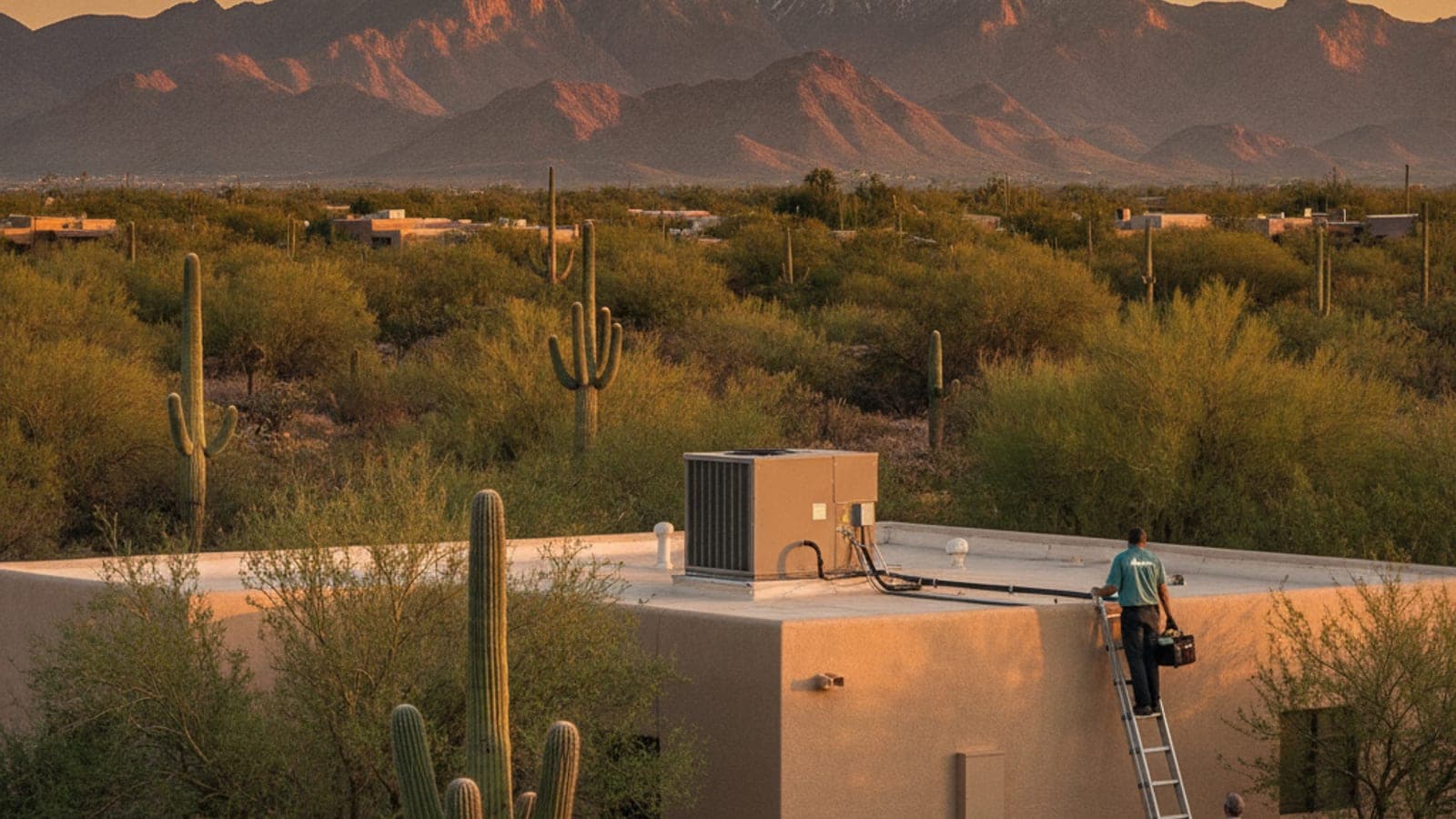 Bomba de calor compacta en el techo plano de estuco de una casa en Tucson, con las montañas Santa Catalina a lo lejos con luz dorada
