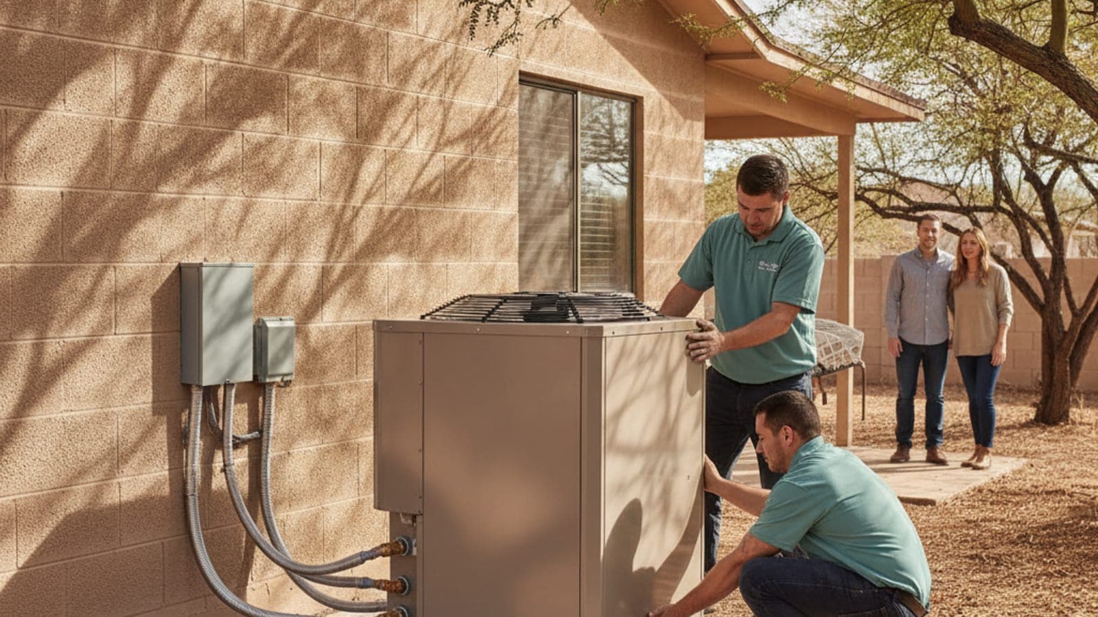 Instaladores colocando una nueva unidad exterior de bomba de calor sobre una base junto a una casa de block en Tucson, con un mezquite encima