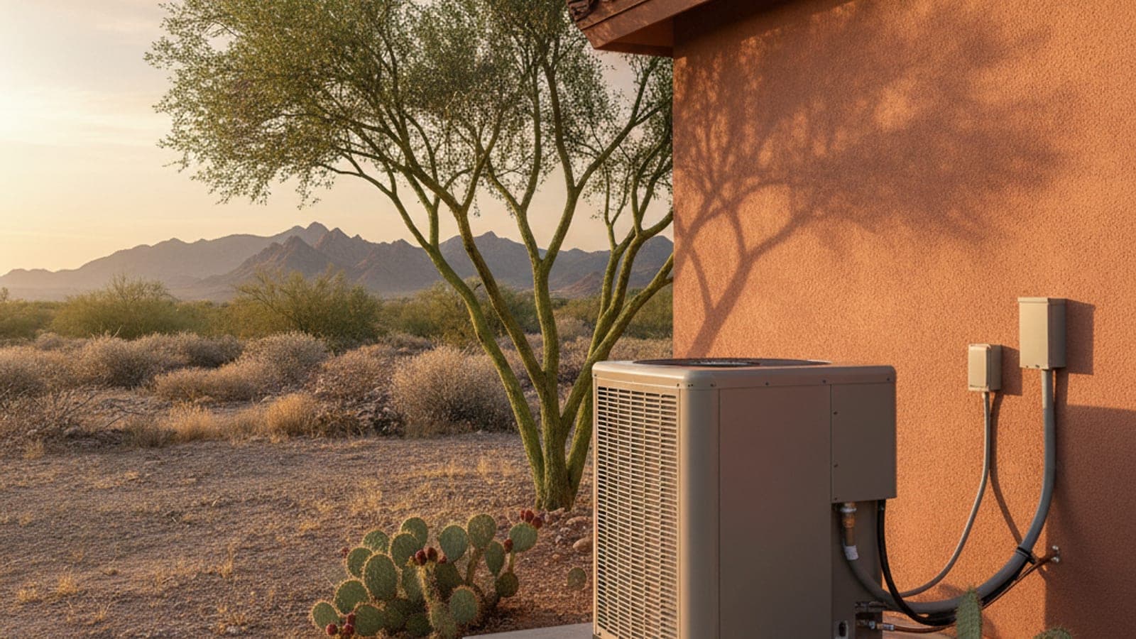Unidad exterior de bomba de calor sobre una base de concreto junto a una casa de estuco en Tucson con plantas del desierto y montañas con luz suave de tarde