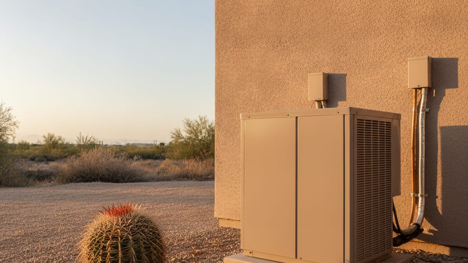 Unidad exterior de bomba de calor junto a una pared de estuco en Tucson, con grava, un cacto de barril y hojas de mezquite alrededor