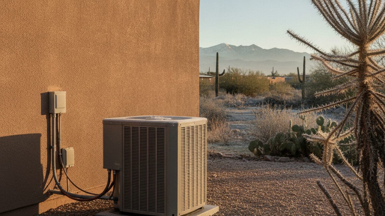 Casa de estuco en Tucson en una mañana fría y despejada de invierno con la unidad de afuera de una bomba de calor y escarcha en las plantas del desierto