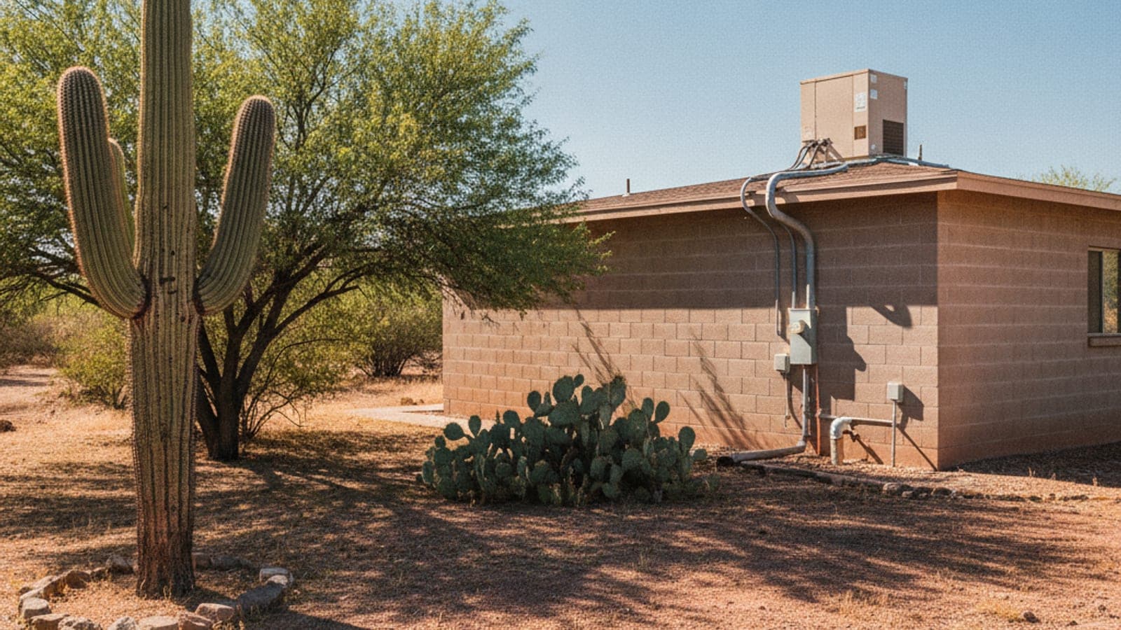 Una bomba de calor tipo paquete en el techo plano de una casa de estuco con saguaros en el patio de abajo