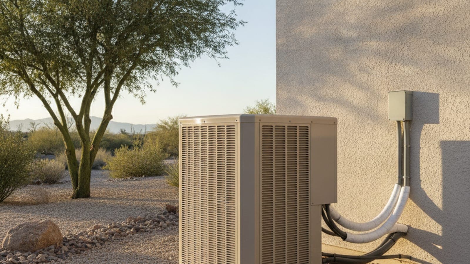 Unidad exterior de bomba de calor junto a una casa de estuco en Tucson en una mañana fresca de desierto, con grava y un palo verde