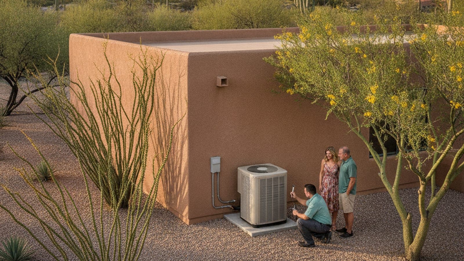 Casa de estuco en Tucson con una unidad exterior de bomba de calor sobre el suelo y jardín de desierto bajo la luz cálida de la mañana