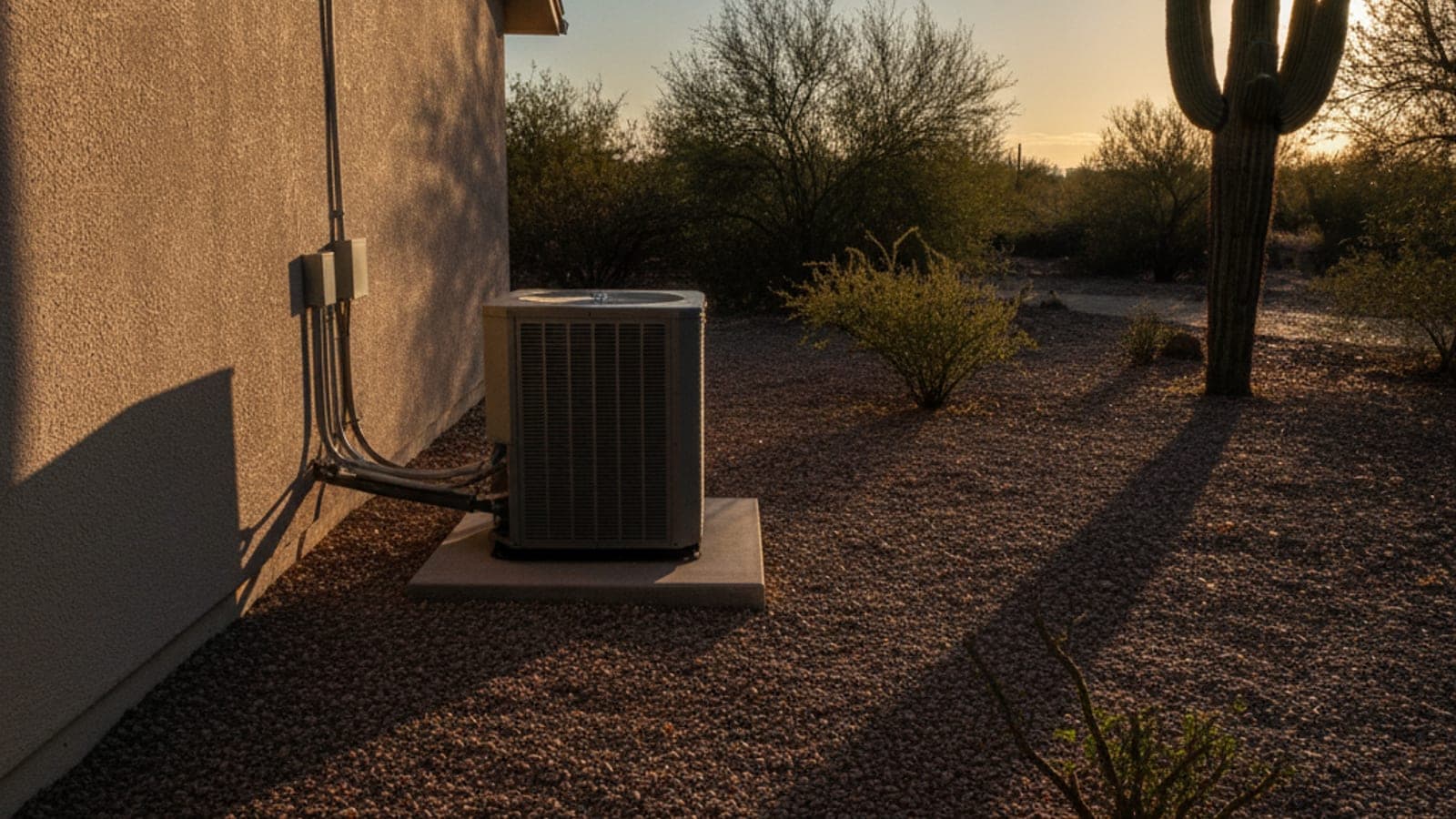 Casa de estuco en Tucson al amanecer de invierno con el condensador de una bomba de calor en el patio lateral y un saguaro