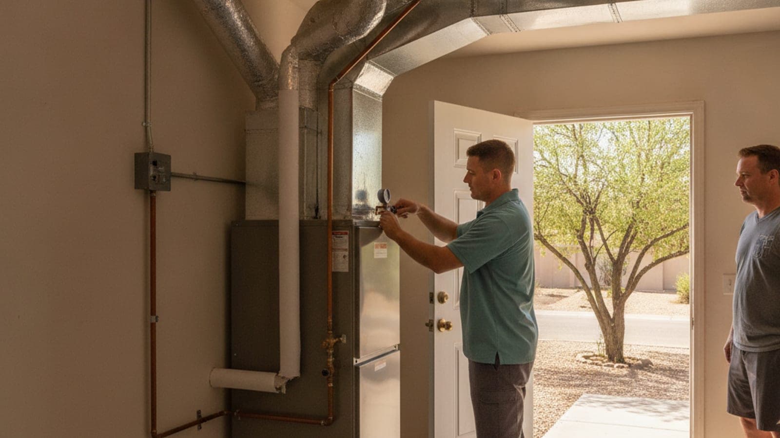 Calentador de gas y ductos en el cuarto de servicio del garaje de una casa de un piso en Tucson con un mezquite afuera de la puerta abierta