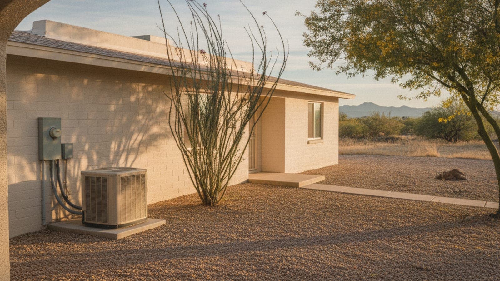 Casa de Tucson con un techo plano de color claro y una bomba de calor a nivel del suelo junto a la pared bajo la luz de la mañana del desierto