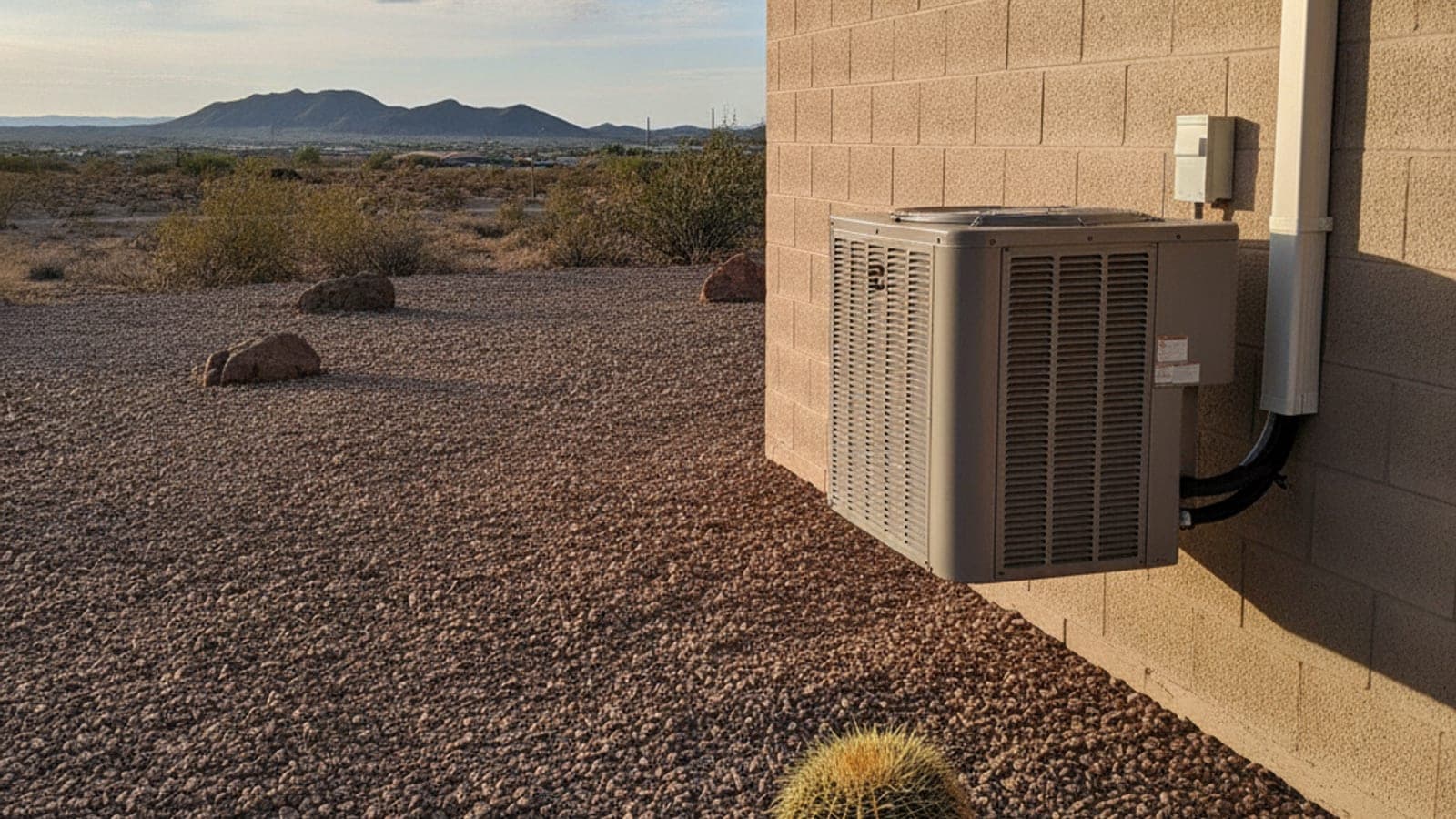 Condensador exterior de minisplit montado en una pared de block de una casa en Tucson, con la línea de refrigerante subiendo hacia el cuarto interior