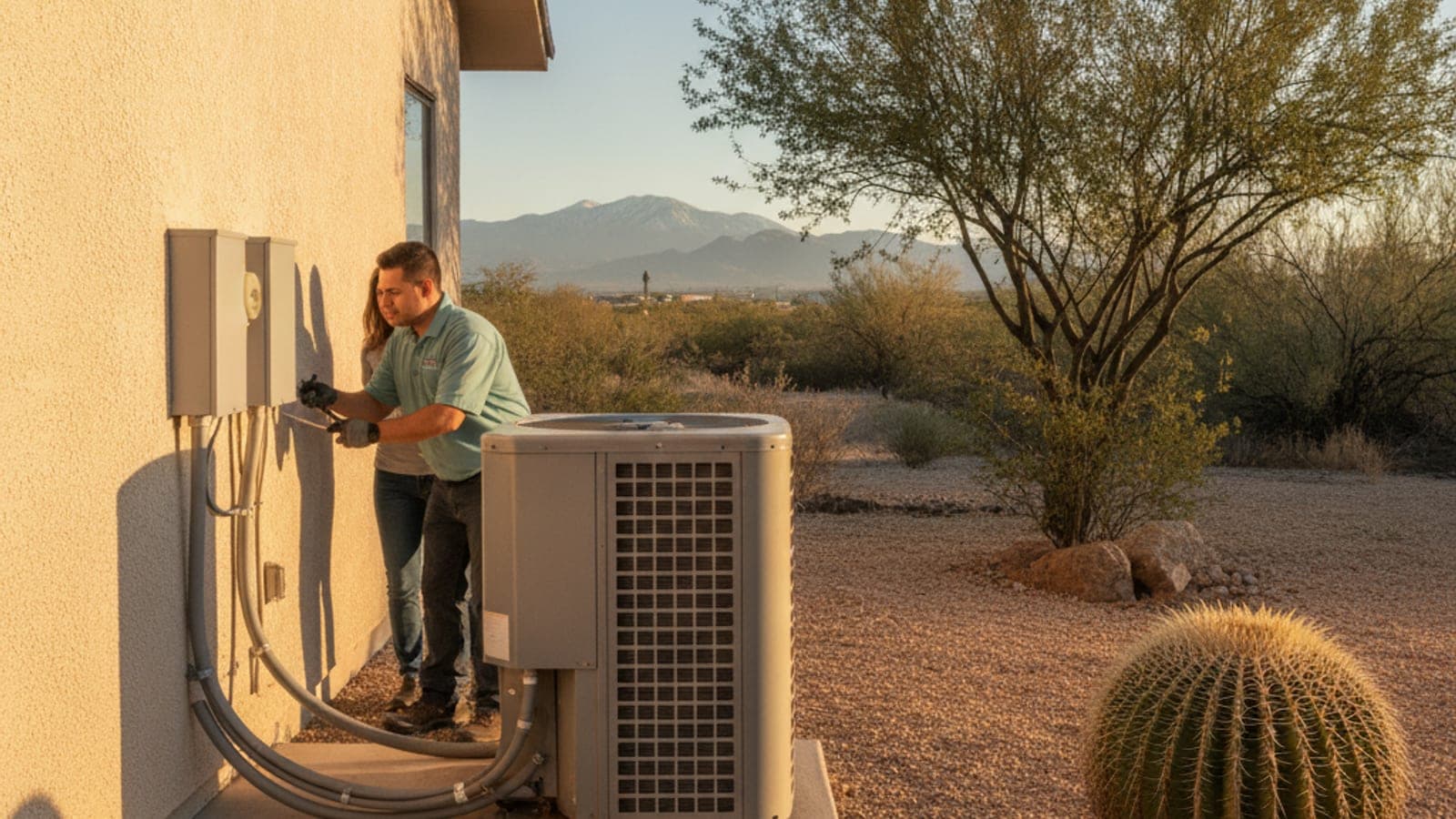 Caja de desconexión eléctrica junto al condensador de un aire acondicionado a nivel del suelo en una casa de estuco de Tucson, con grava y un cactus de barril