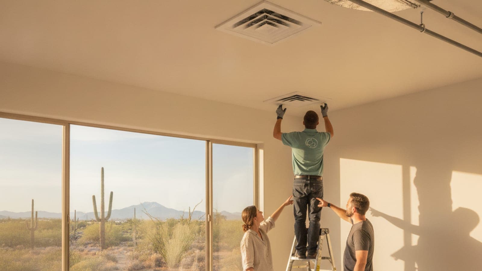 Rejilla de suministro en el techo de una recámara soleada en Tucson con una ventana al poniente y vista al desierto