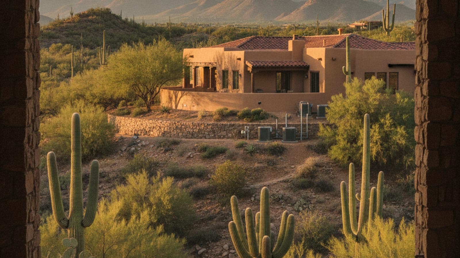 Casa grande de estilo desértico en Catalina Foothills con techo de teja, saguaros y las montañas Santa Catalina al fondo