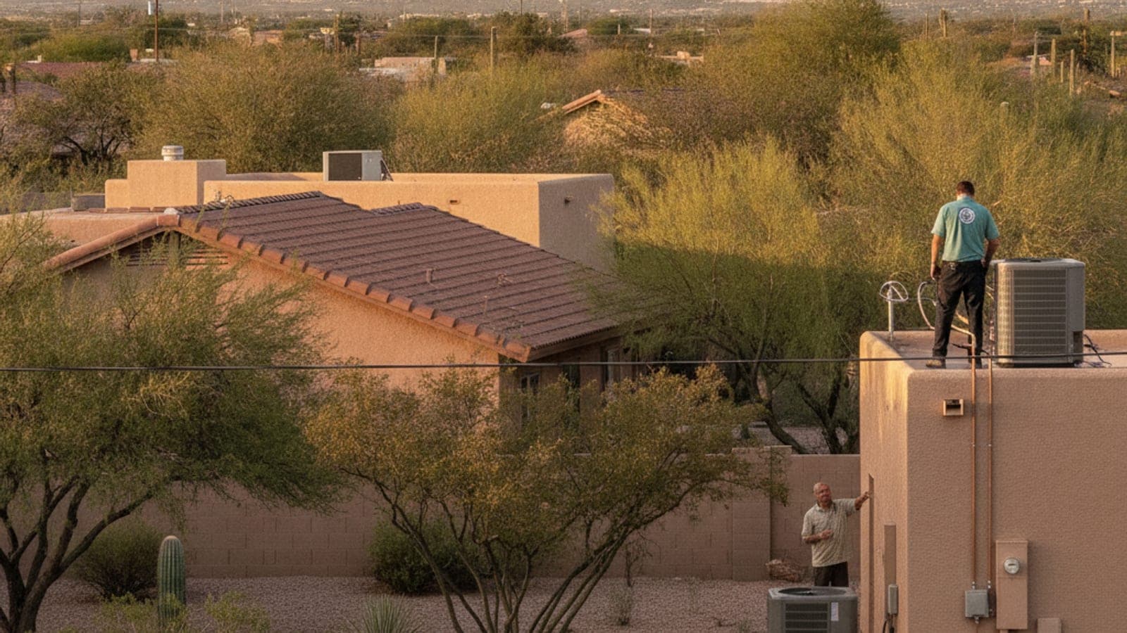 Colonia del sureste de Tucson con casas de estuco de un piso y techos de teja con mezquites bajo un cielo brillante cerca de las montañas Rincon