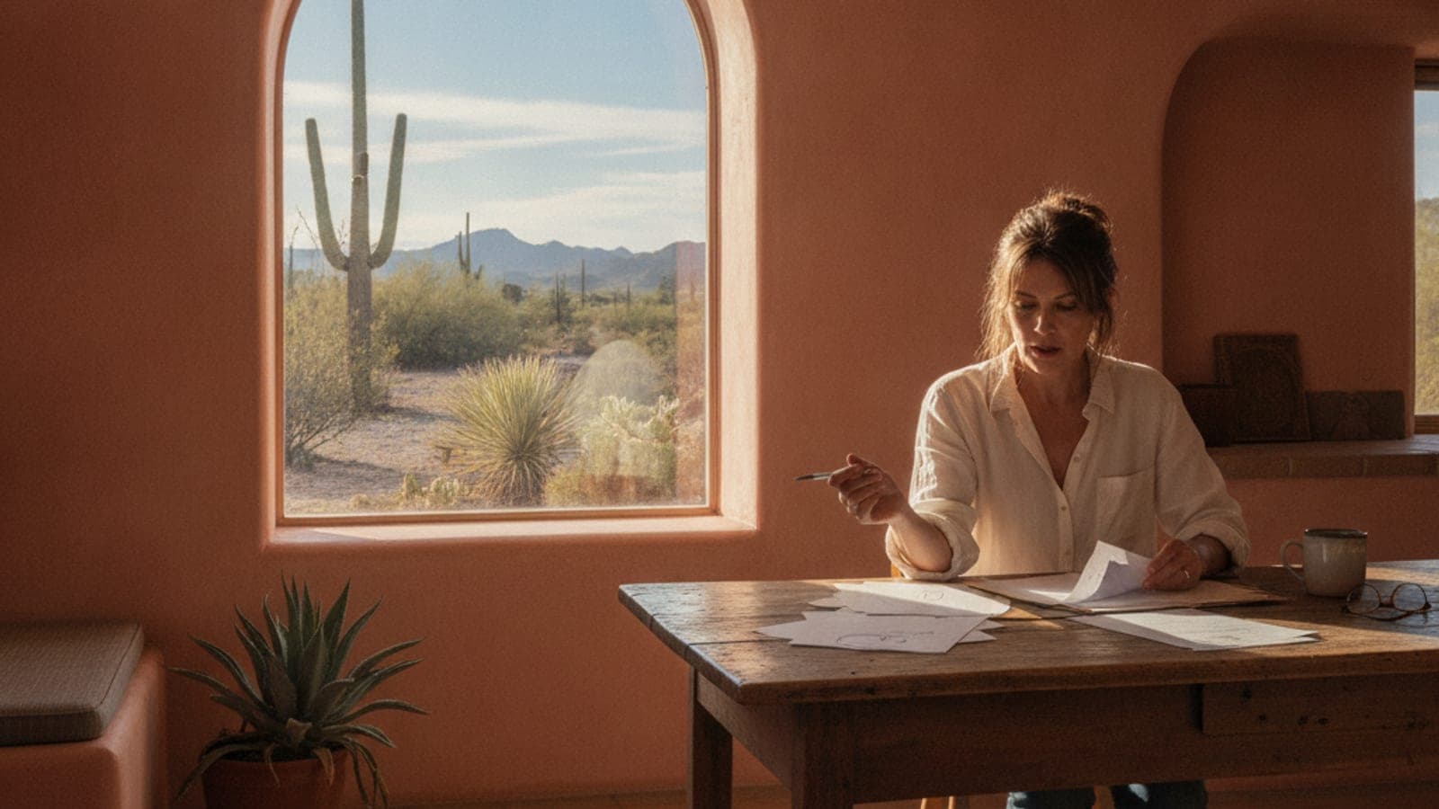 Dueño de casa leyendo papeles en la mesa de la cocina de una casa estilo adobe en Tucson con luz de desierto