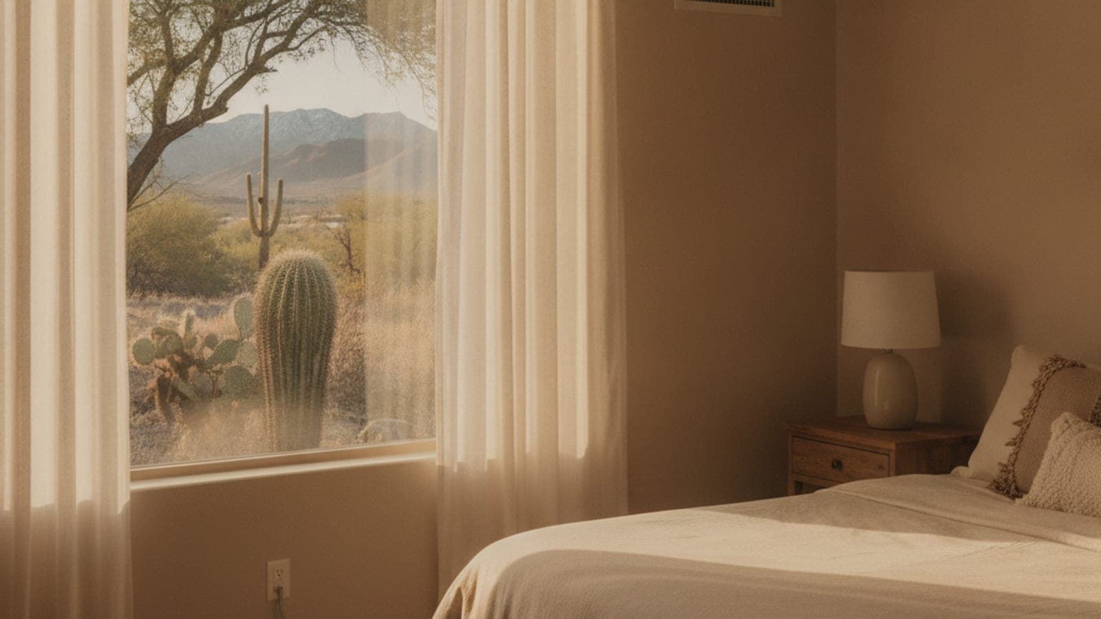 Recámara de una casa de Tucson con una rejilla de retorno de aire limpia y luz del sol por cortinas delgadas, con un saguaro visible desde la ventana
