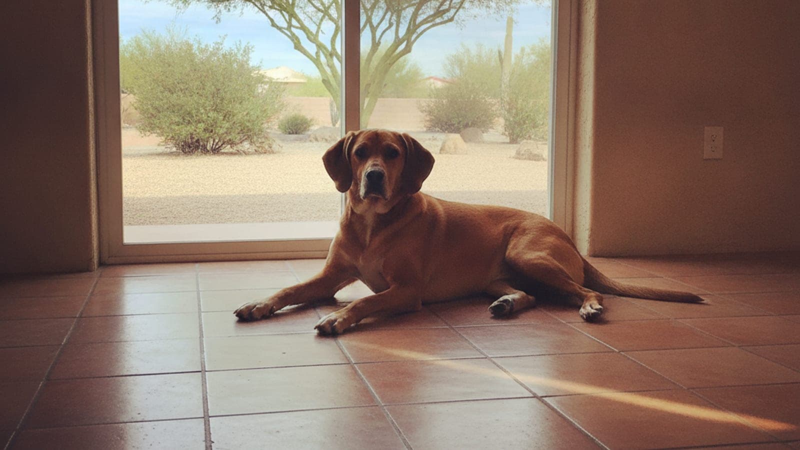 Perro descansando sobre un piso de loseta fresco en una casa de Tucson con luz brillante de desierto entrando por la puerta del patio