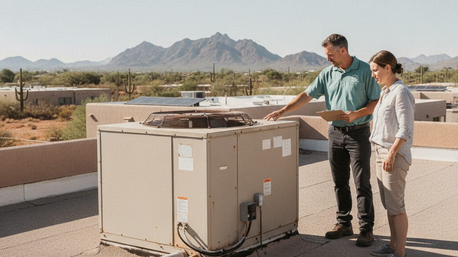 Inspector de casas y un comprador revisando una unidad compacta de AC en el techo plano de una casa de Tucson bajo un cielo despejado