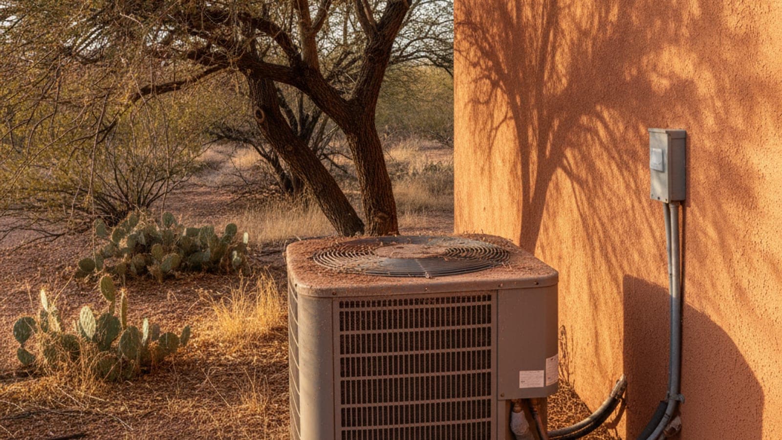 Serpentín del condensador de un aire acondicionado con polvo y hojas del desierto junto a una casa de Tucson con un mezquite