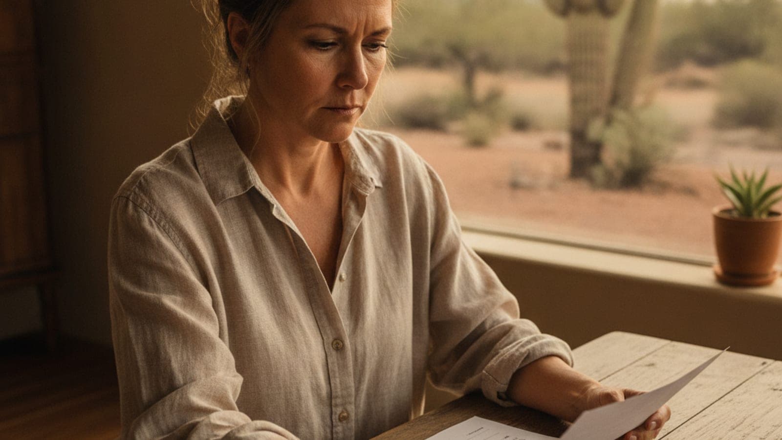 Dueño de casa leyendo un contrato de servicio en una mesa junto a una ventana soleada, con un saguaro y un patio de grava afuera en Tucson