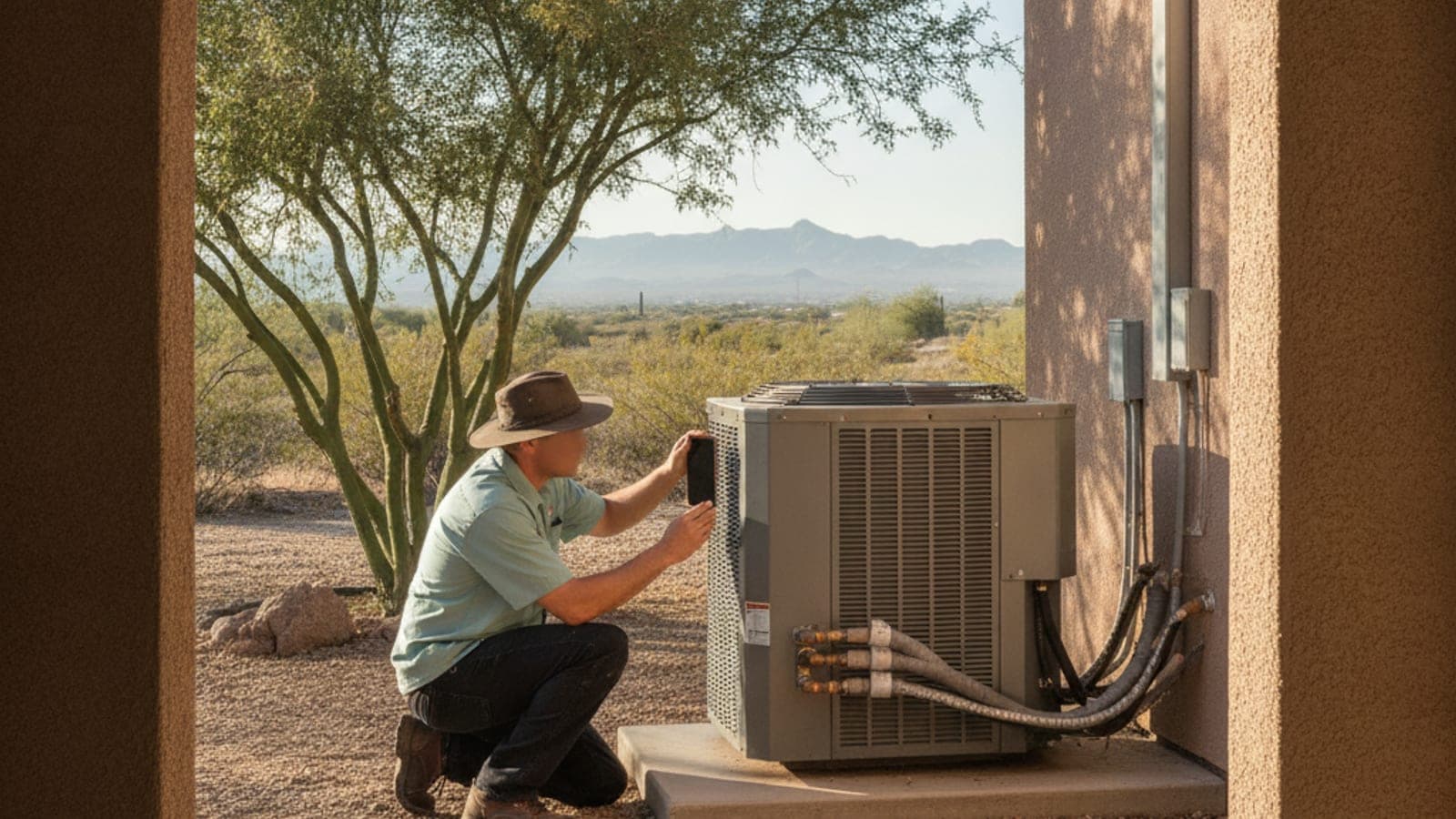 Persona tomando una foto de la etiqueta de datos de una unidad exterior de HVAC en un patio de Tucson con grava y un palo verde