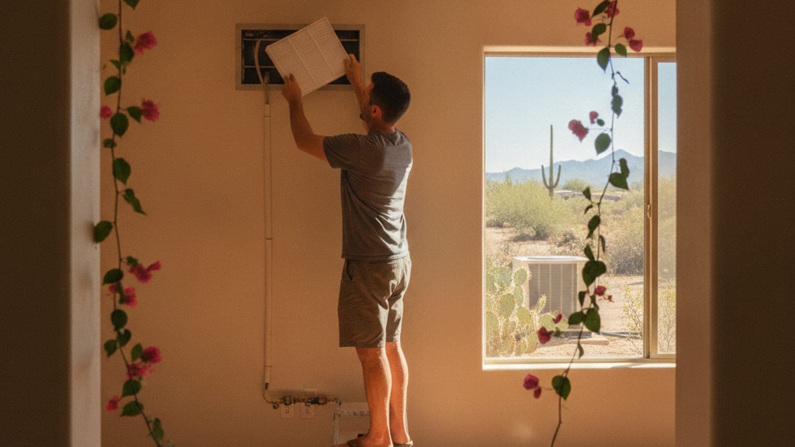 Dueño de casa cambiando un filtro de aire en una rejilla de retorno en una casa de Tucson con sol sobre el piso de loseta