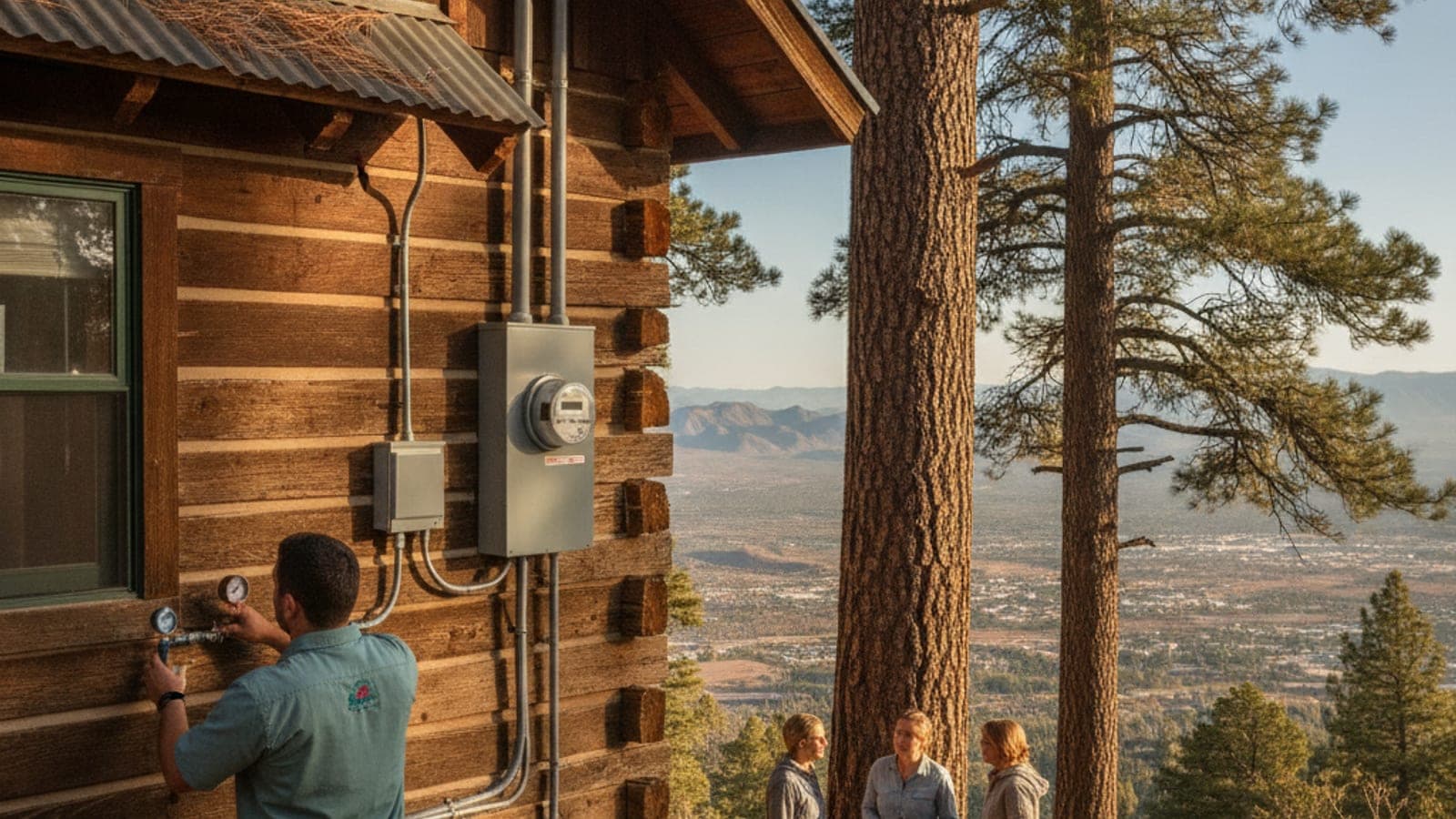 Cabaña de montaña entre pinos ponderosa en Mount Lemmon sobre Tucson con luz clara y el valle del desierto muy abajo
