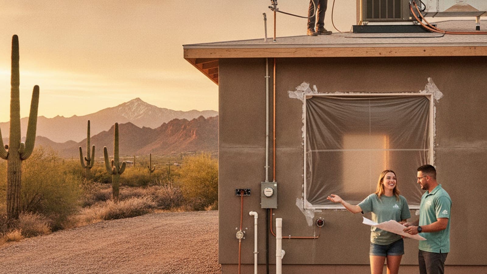 Casa nueva en construcción en Tucson con la estructura de estuco armada y montañas del desierto al fondo