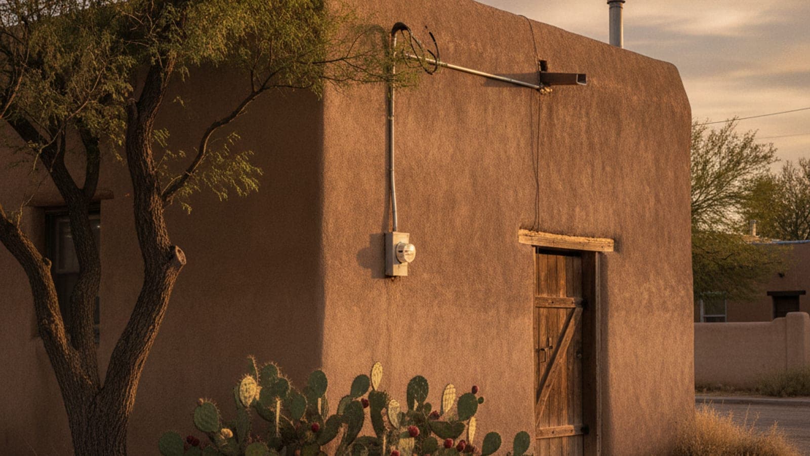 Una casa antigua de adobe con techo plano y paredes gruesas en una calle angosta de Tucson con un mezquite y luz del desierto