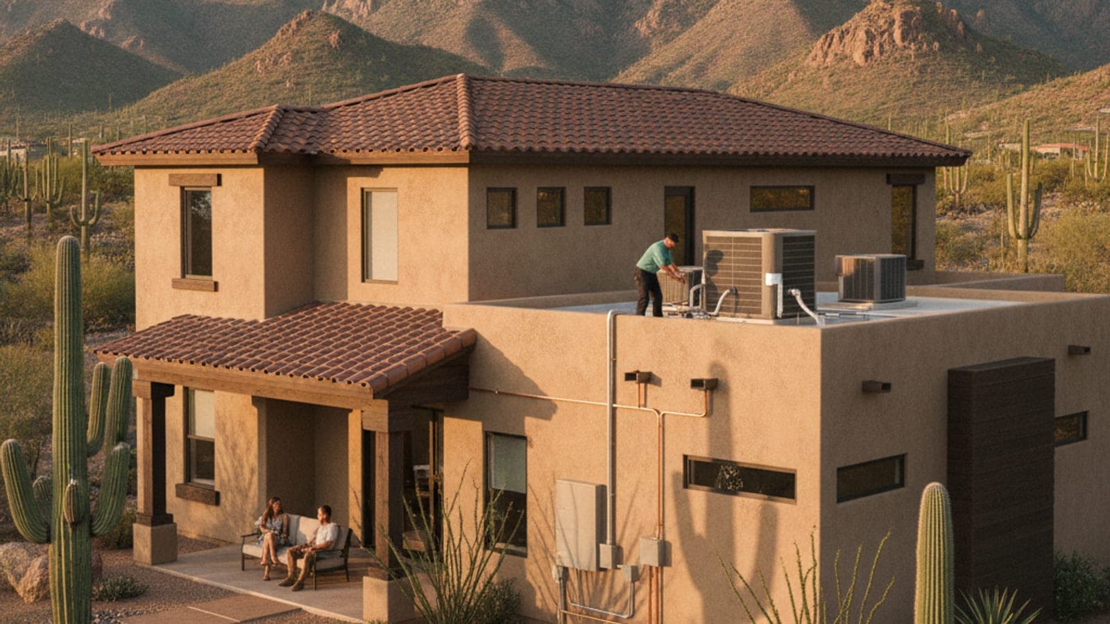 Casa de estuco más nueva de dos pisos en Oro Valley con techo de teja y las montañas Santa Catalina al fondo bajo la luz cálida del atardecer