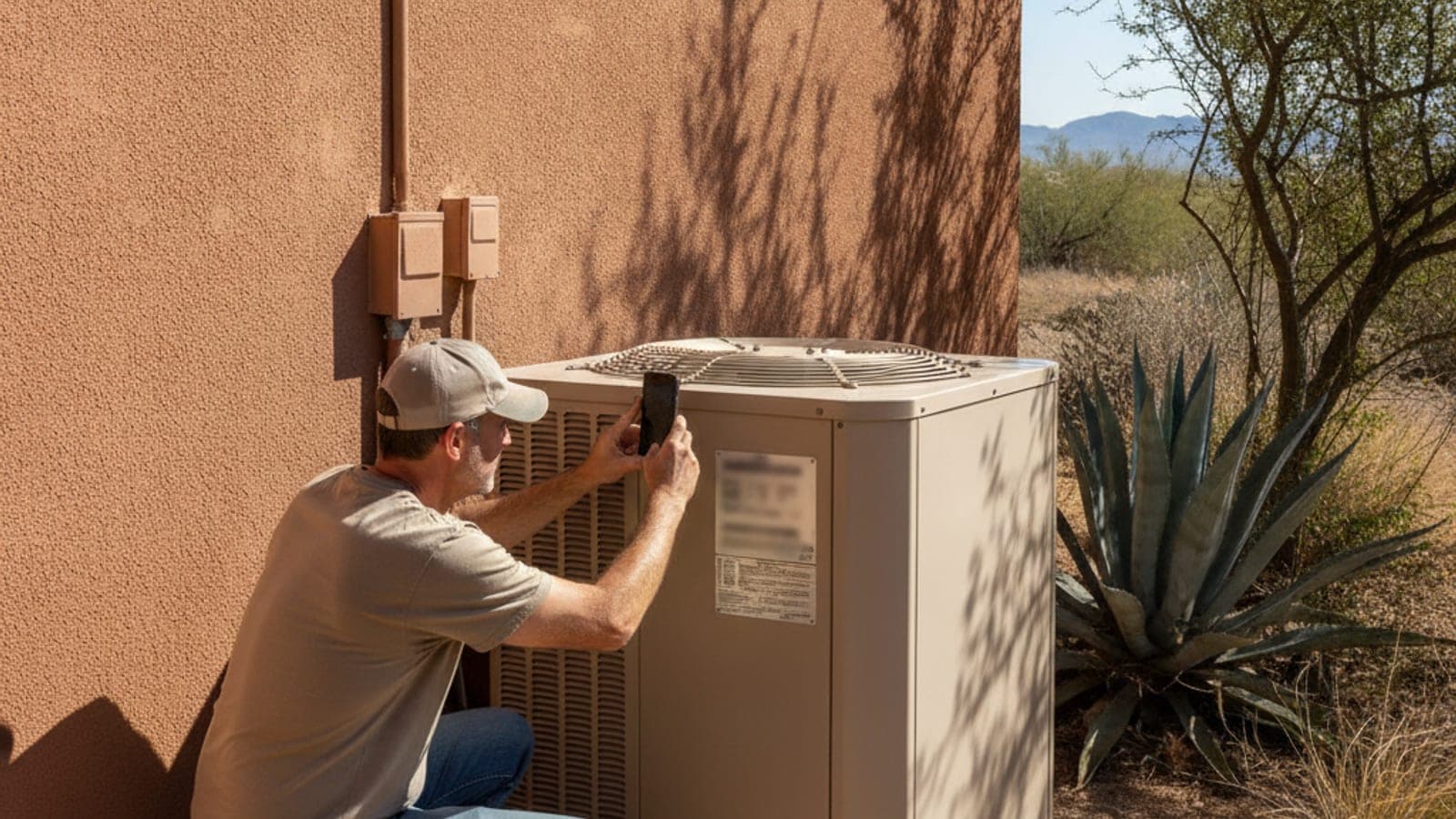 Dueño de casa fotografiando la placa de datos de una unidad exterior de AC junto a una pared de estuco en Tucson, con plantas del desierto cerca
