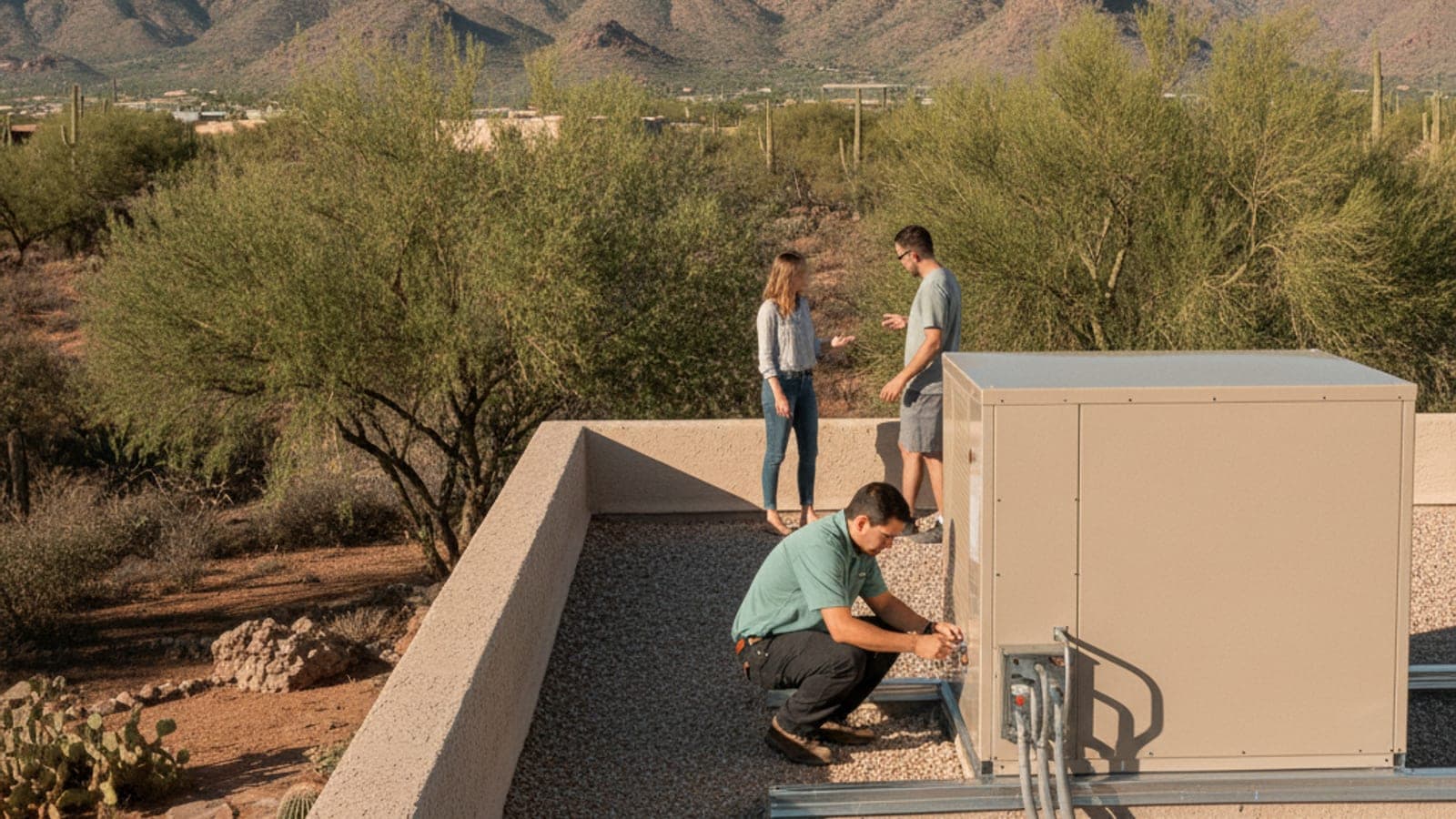 Vista de una unidad nueva de techo que se coloca sobre el techo plano de una casa de estuco con luz del desierto