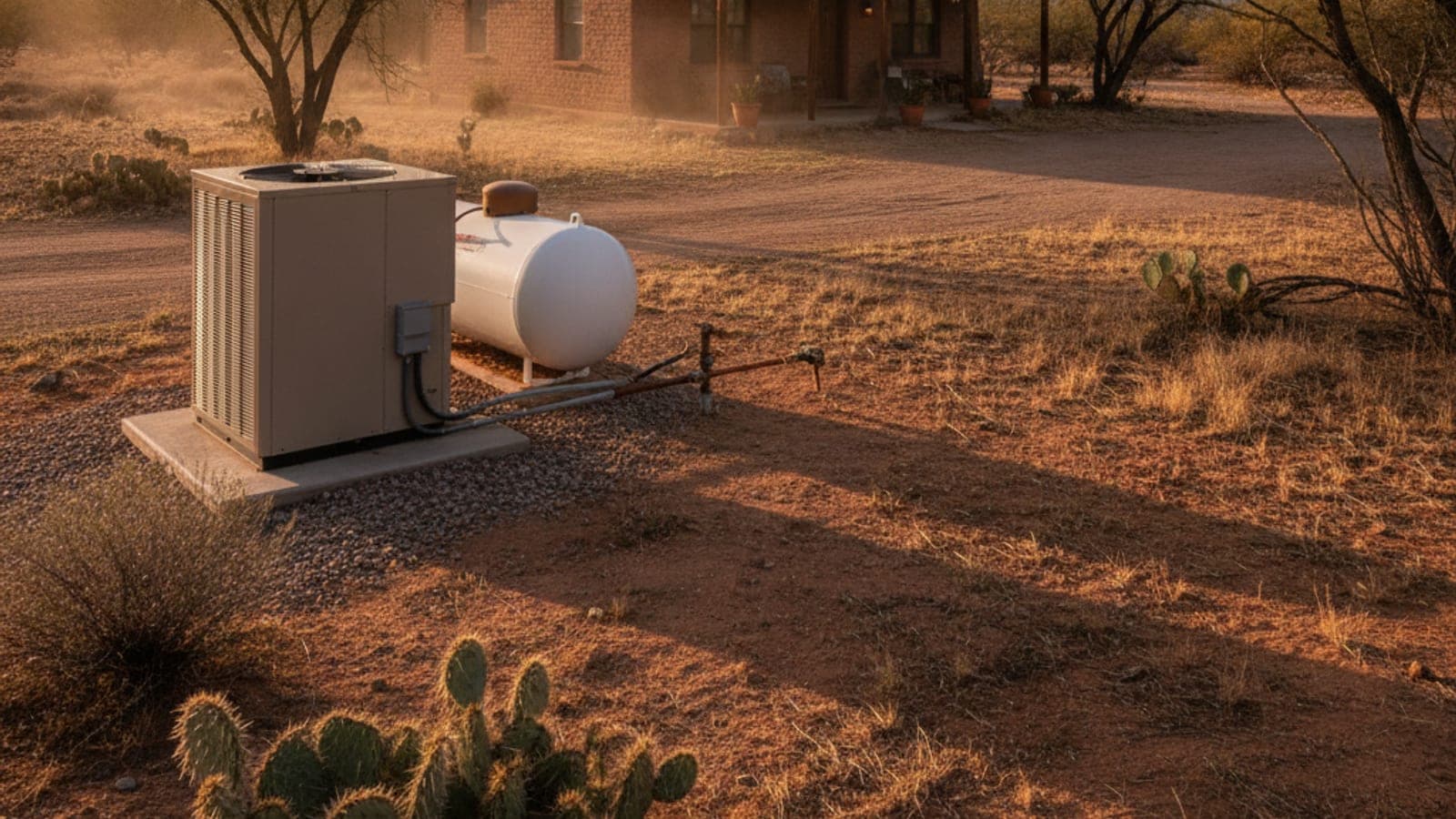 Casa rural en el desierto sobre un lote grande, con una unidad de aire acondicionado en el suelo, un tanque de propano y mezquites a las afueras de Tucson